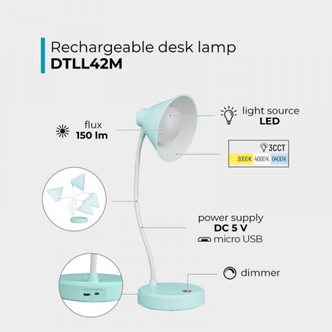 LED работна лампа, акумулаторна, 150 lm, 3000/4000/6400 K, зелен, снимка 4 - Лампи за бюро