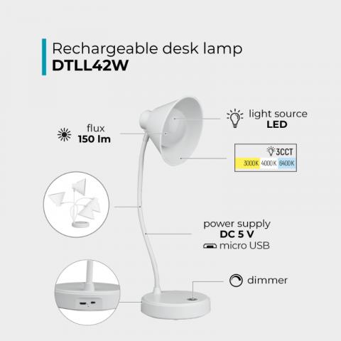 LED работна лампа, акумулаторна, 150 lm, 3000/4000/6400 K, бял, снимка 7 - Лампи за бюро