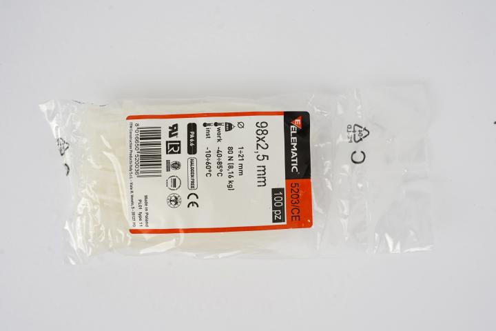 Кабелни превръзки Elematic 98x2.5 мм 5203/CE 100 бр. бели, снимка 2 - Крепежни изделия