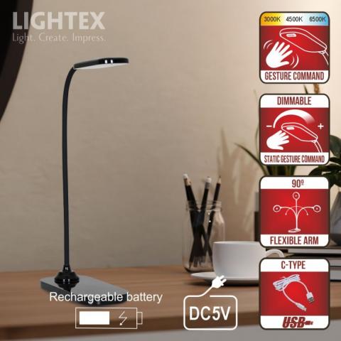 LED работна лампа Lightex Sigma DC 5V 3W 3000K-6500K 200 lm 1200 mAh Li-ion управление с жест IP20 черна, снимка 4 - Лампи за бюро